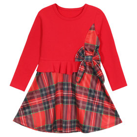 Детска рокля червена каре панделка волан