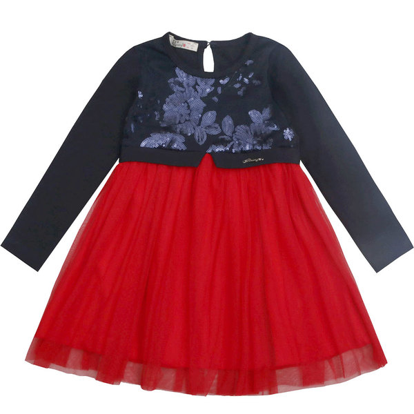 Детска рокля синя пайети червен тюл